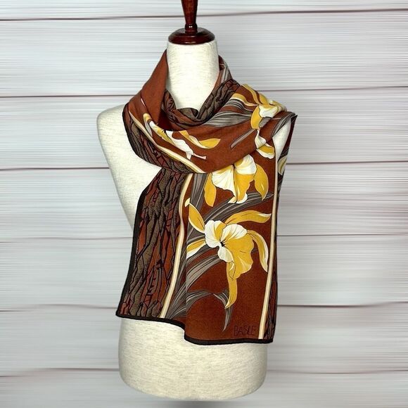 Basile Oblong Silk Scarf Brown Yellow Orchid Hand Rolled - Picture 5 of 10